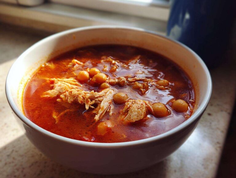 Close-up of a white bowl filled with rich, red broth chicken pozole, featuring shredded chicken and hominy.