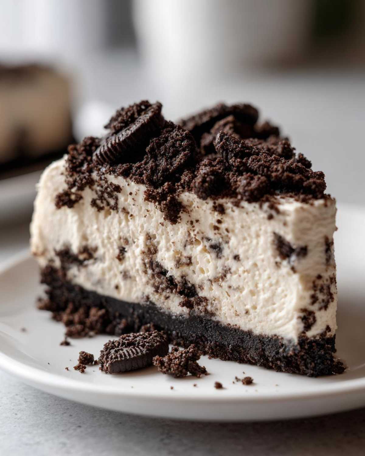 Close-up of a rich slice of Oreo cheesecake with a dark cookie crust and creamy filling mixed with cookie pieces.
