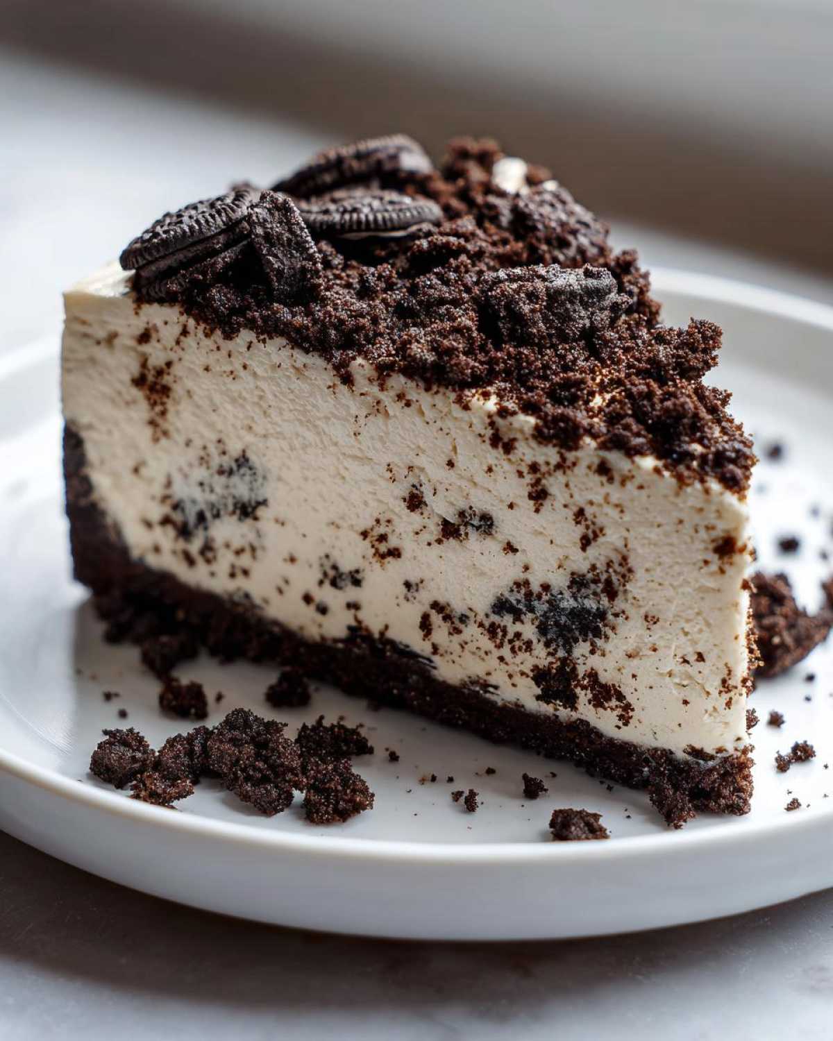 A decadent slice of Oreo cheesecake with a dark chocolate crust and cookie crumbles on top.