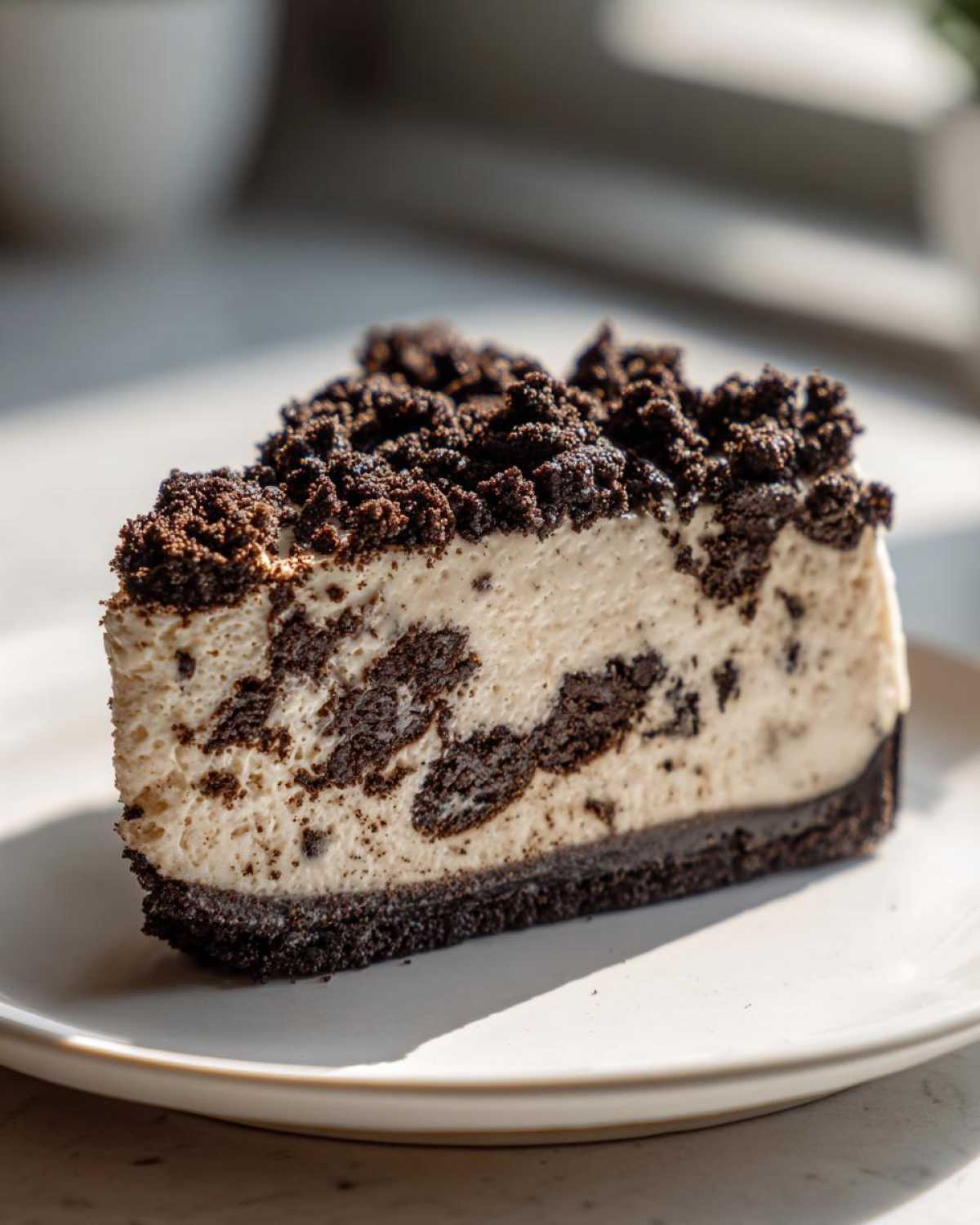 A decadent slice of no-bake Oreo cheesecake with a thick cookie crust and crumbled topping.