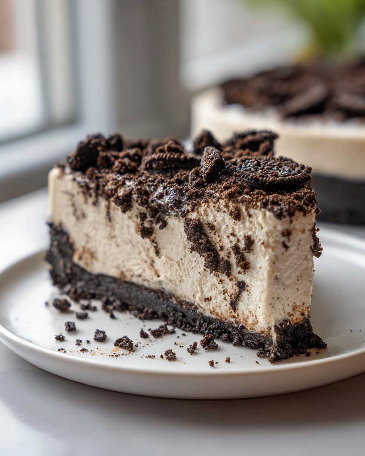 A thick slice of creamy Oreo cheesecake with a dark chocolate crust and crumbled topping.