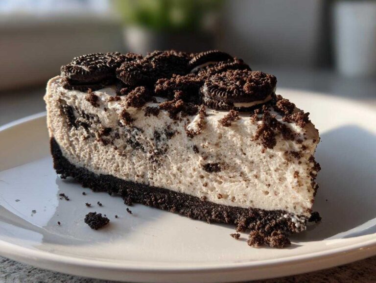A decadent slice of creamy Oreo cheesecake with a dark chocolate crust and topped with crushed Oreos.