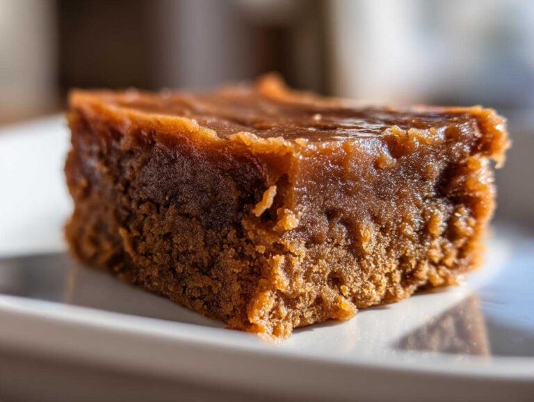A close-up side view of a single, rich brown square of homemade penuche fudge resting on a white plate.
