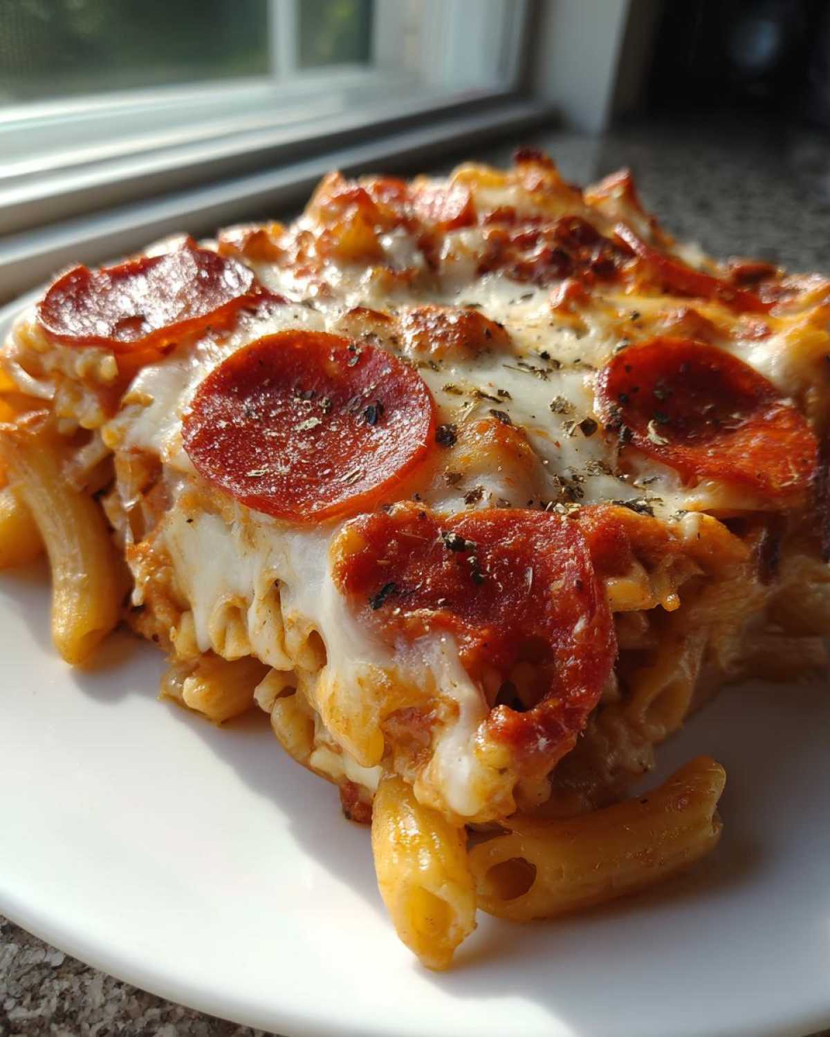 A close-up serving of baked pizza pasta topped with melted mozzarella and pepperoni slices.