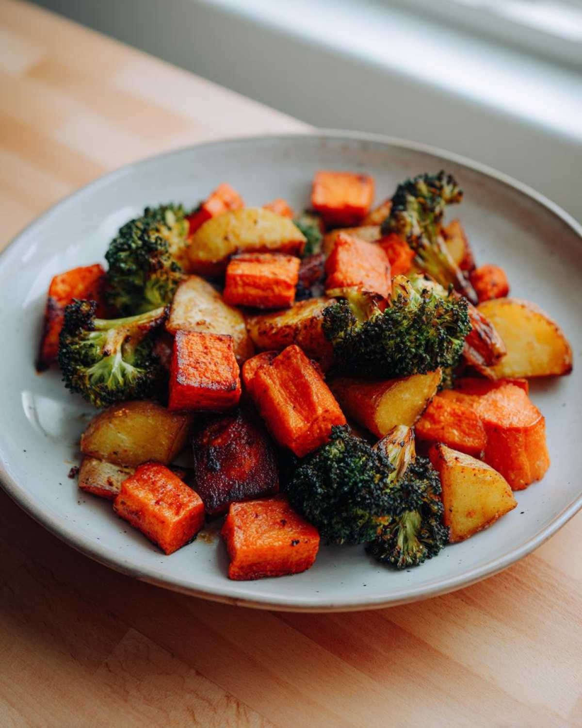 A plate filled with perfectly caramelized roasted vegetables, including sweet potatoes, potatoes, and broccoli florets.