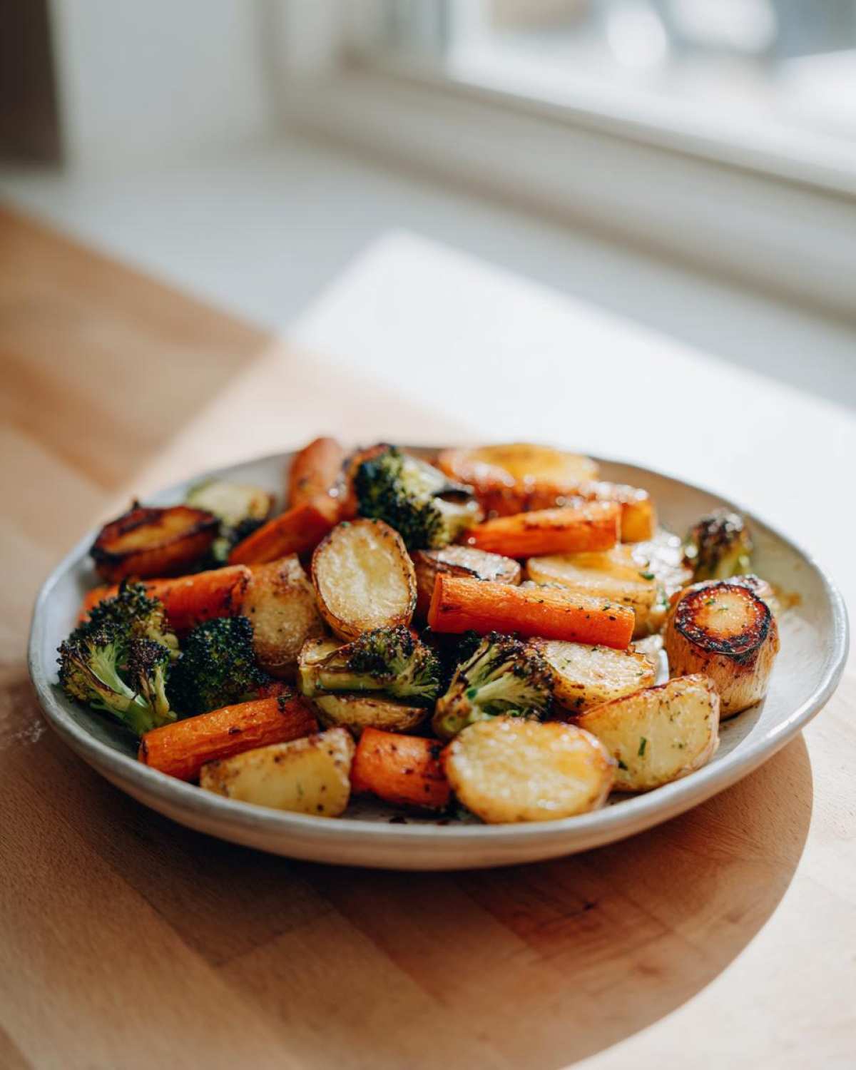 A plate of perfectly caramelized roasted vegetables, including potatoes, carrots, and broccoli, served indoors.