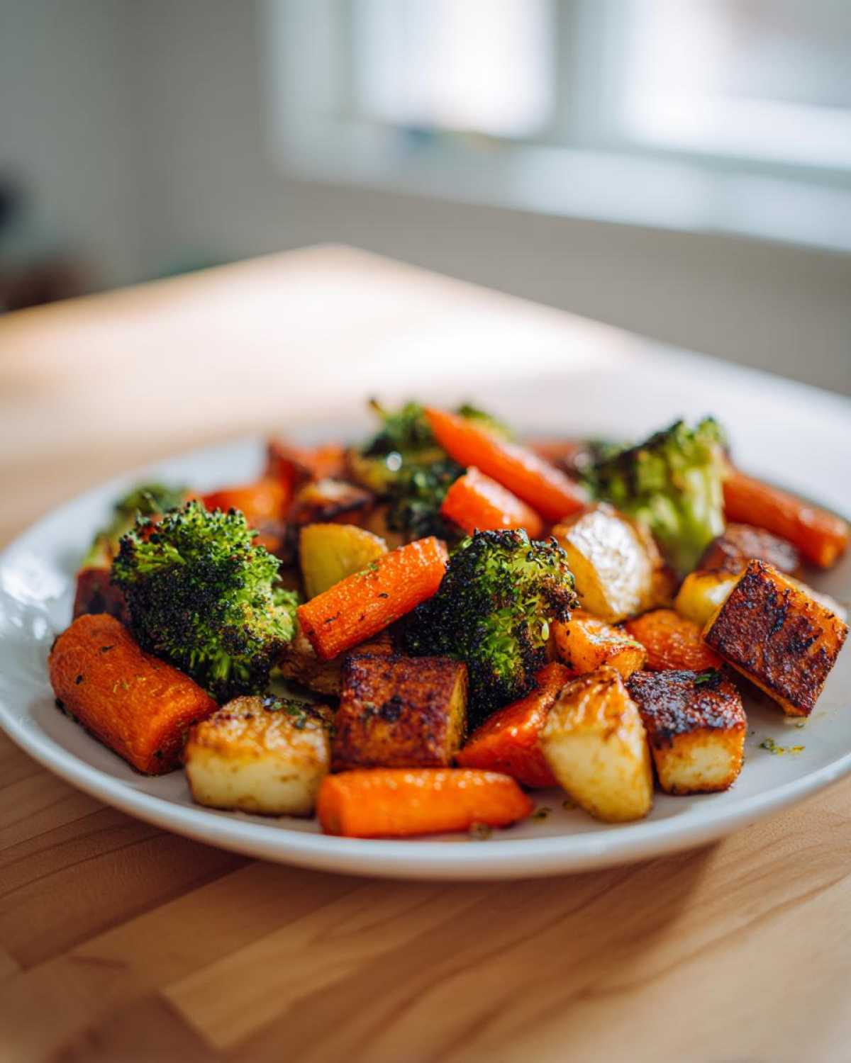 A close-up of perfectly caramelized roasted vegetables, including carrots, broccoli, and potatoes, served on a white plate.