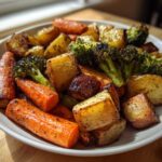 A close-up of perfectly seasoned roasted vegetables, including carrots, potatoes, and broccoli, served on a white plate.
