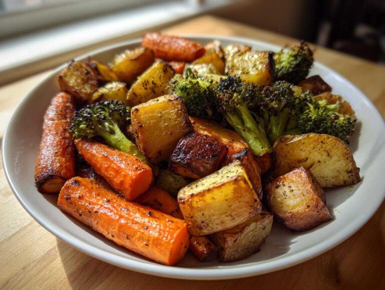 A close-up of perfectly seasoned roasted vegetables, including carrots, potatoes, and broccoli, served on a white plate.