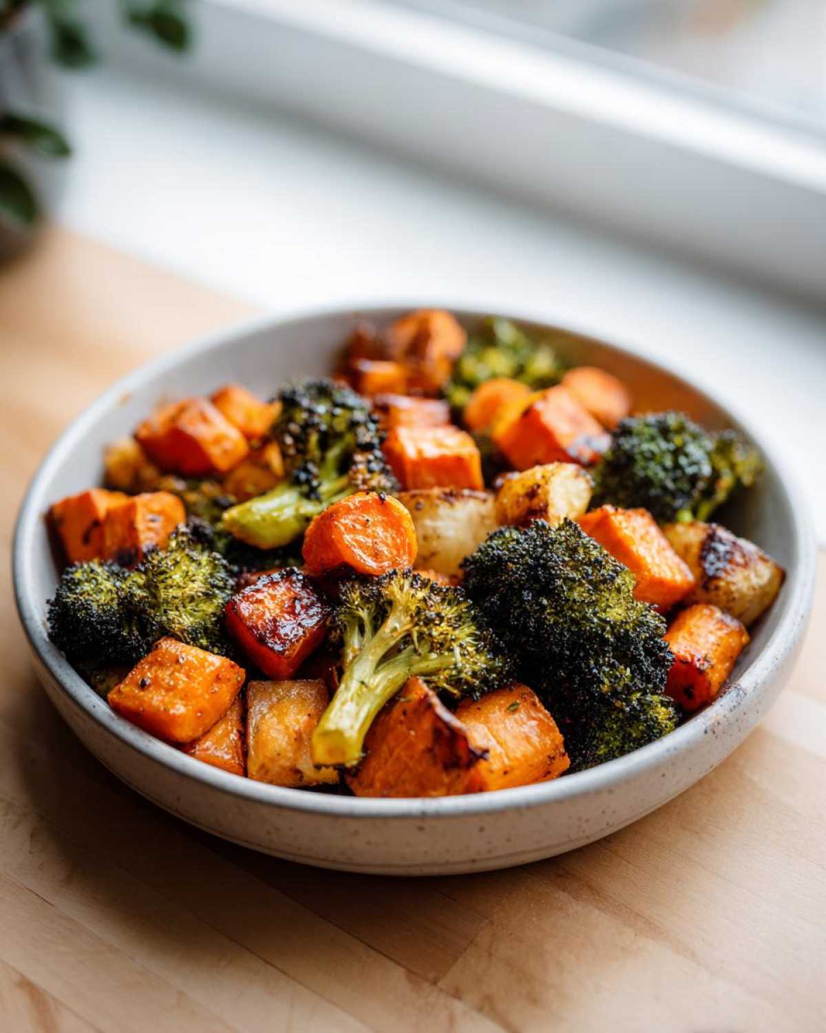Close-up of perfectly caramelized roasted vegetables, including sweet potatoes and broccoli, served in a light bowl.