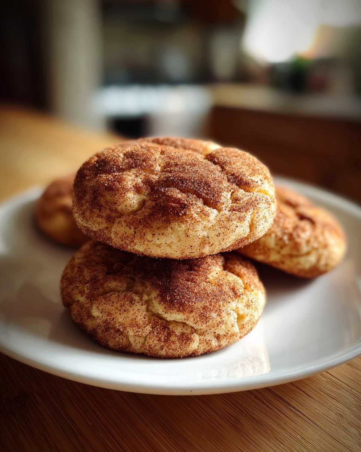 Close-up of two soft, chewy snickerdoodles stacked on a white plate, generously coated in cinnamon sugar.
