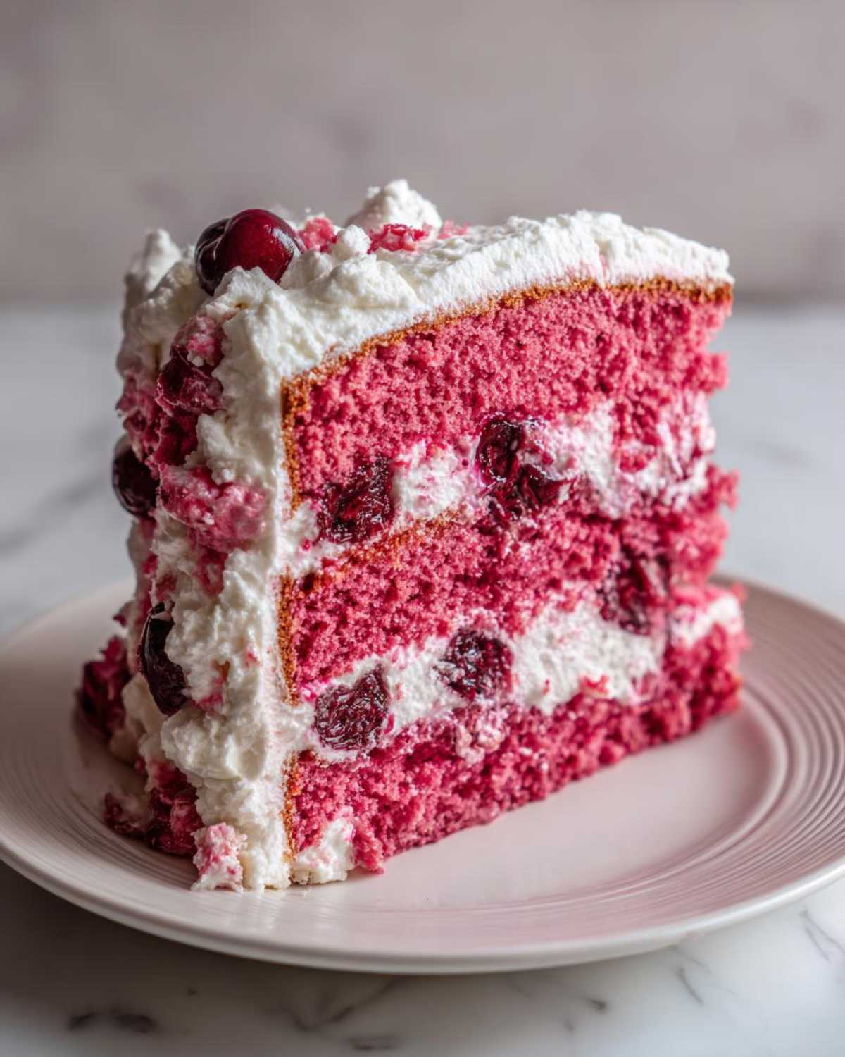 A tall slice of vibrant pink cherry cake layered with white cream and whole cherries, sitting on a plate.