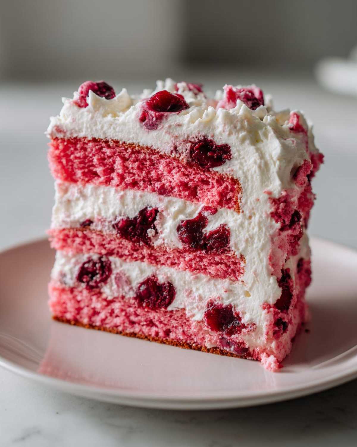 A tall slice of pink layered Cherry Cake filled and topped with white whipped cream and whole cherries.