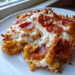A close-up of a serving of baked pizza pasta topped with melted, bubbly mozzarella cheese and pepperoni slices.
