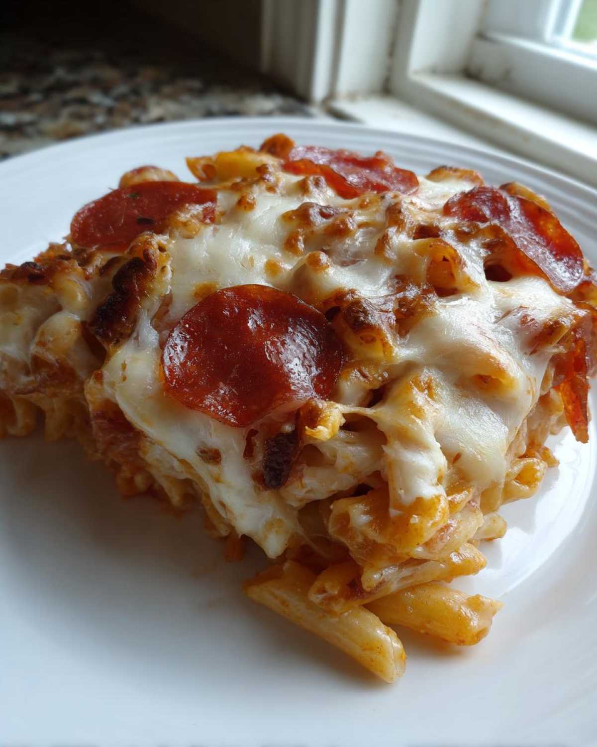 A close-up of a serving of pizza pasta bake topped with melted mozzarella and pepperoni slices.