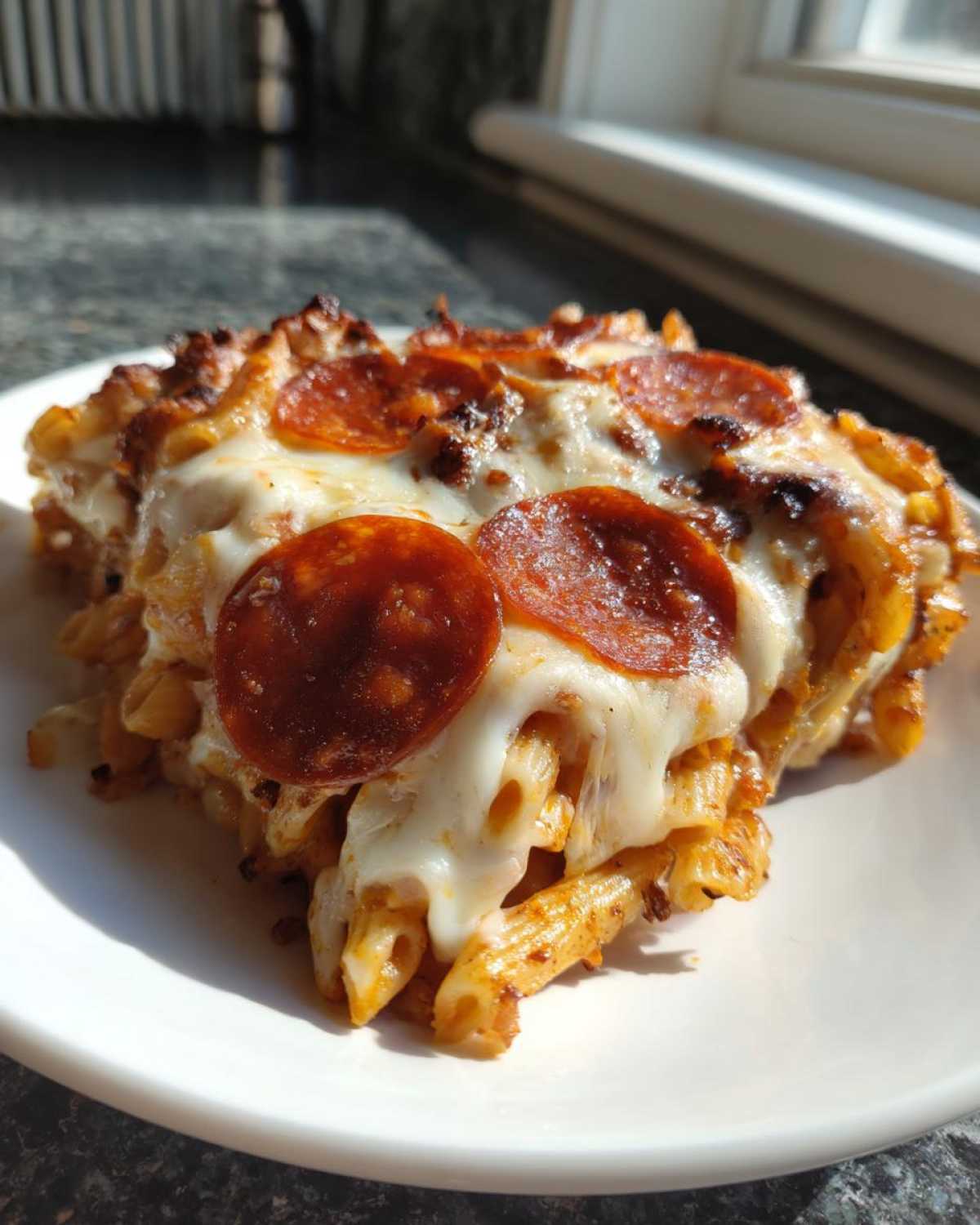 A close-up slice of baked pizza pasta topped with melted mozzarella cheese and pepperoni slices.