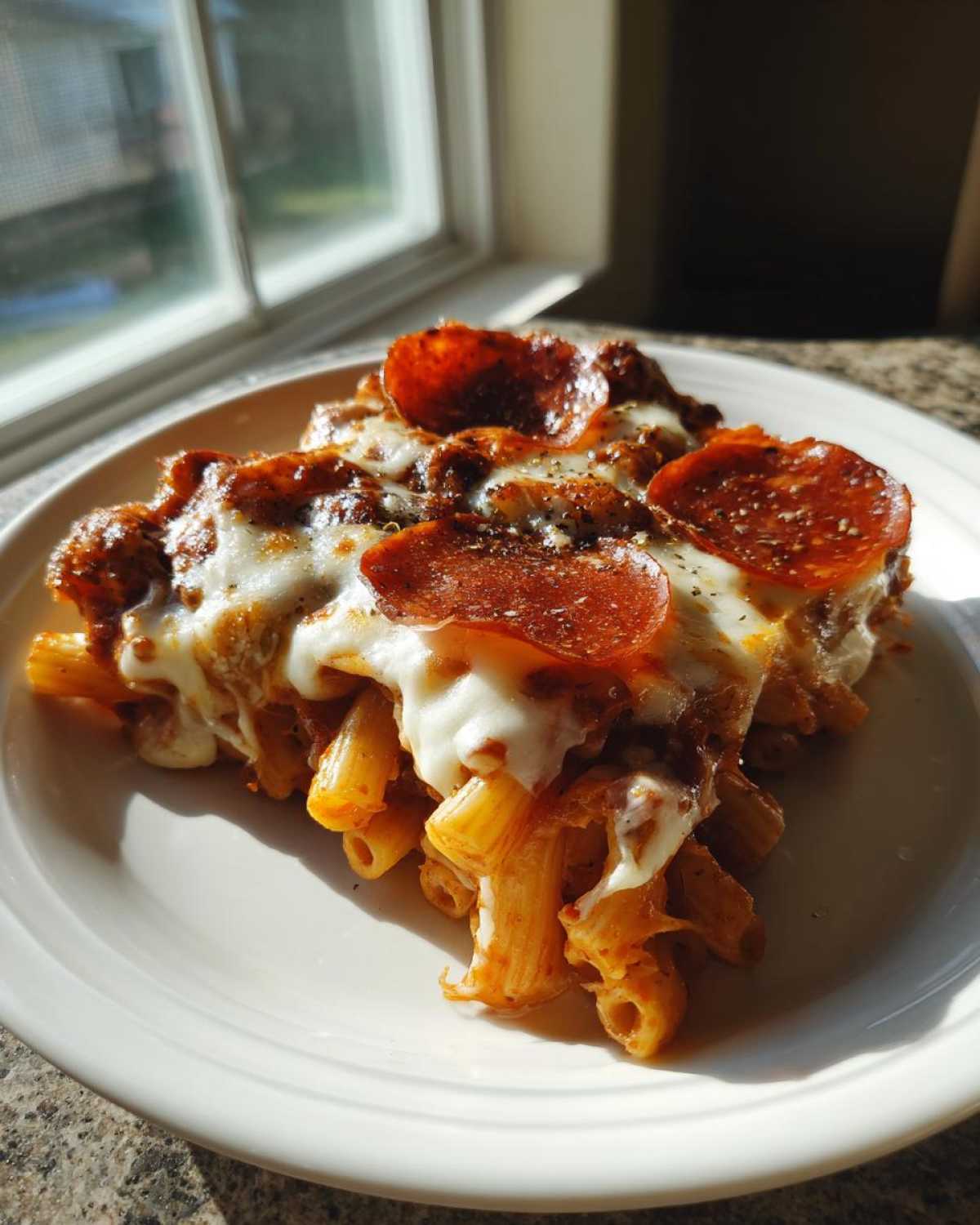 A close-up serving of baked pizza pasta topped with melted mozzarella and pepperoni slices.