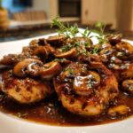Close-up of three pan-seared chicken breasts covered in a rich brown mushroom sauce, garnished with fresh thyme for amazing chicken marsala.