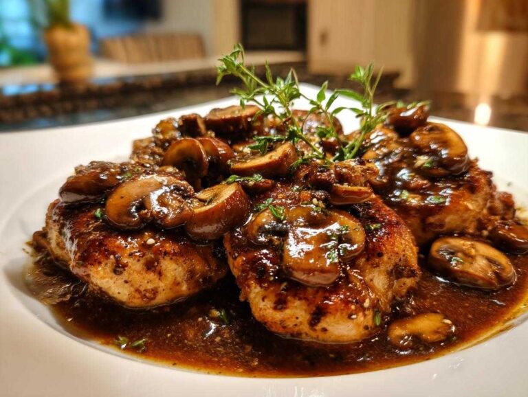 Close-up of three pan-seared chicken breasts covered in a rich brown mushroom sauce, garnished with fresh thyme for amazing chicken marsala.