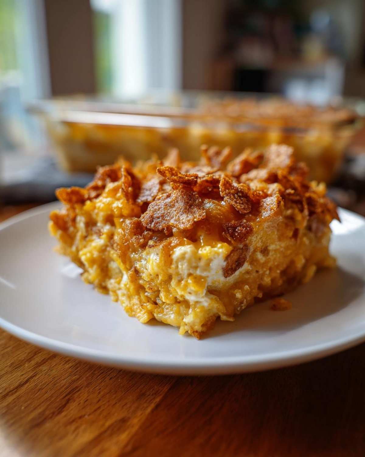 A close-up of a serving of cheesy potato casserole topped with crispy cornflakes on a white plate.