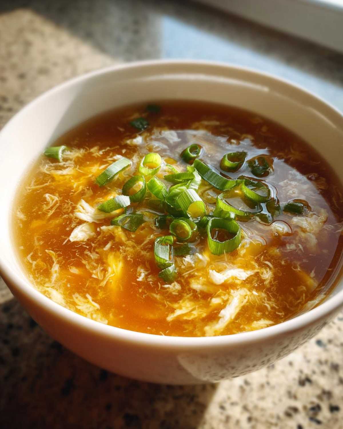 A close-up view of a bowl of savory egg drop soup, featuring wispy cooked egg ribbons and topped with fresh green scallions.