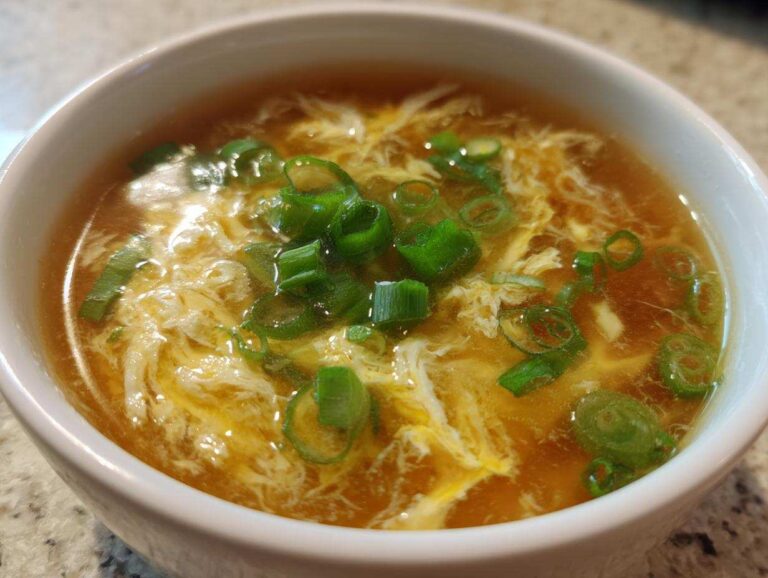 A close-up view of a bowl of hot egg drop soup featuring wispy egg ribbons and fresh green onion garnish.