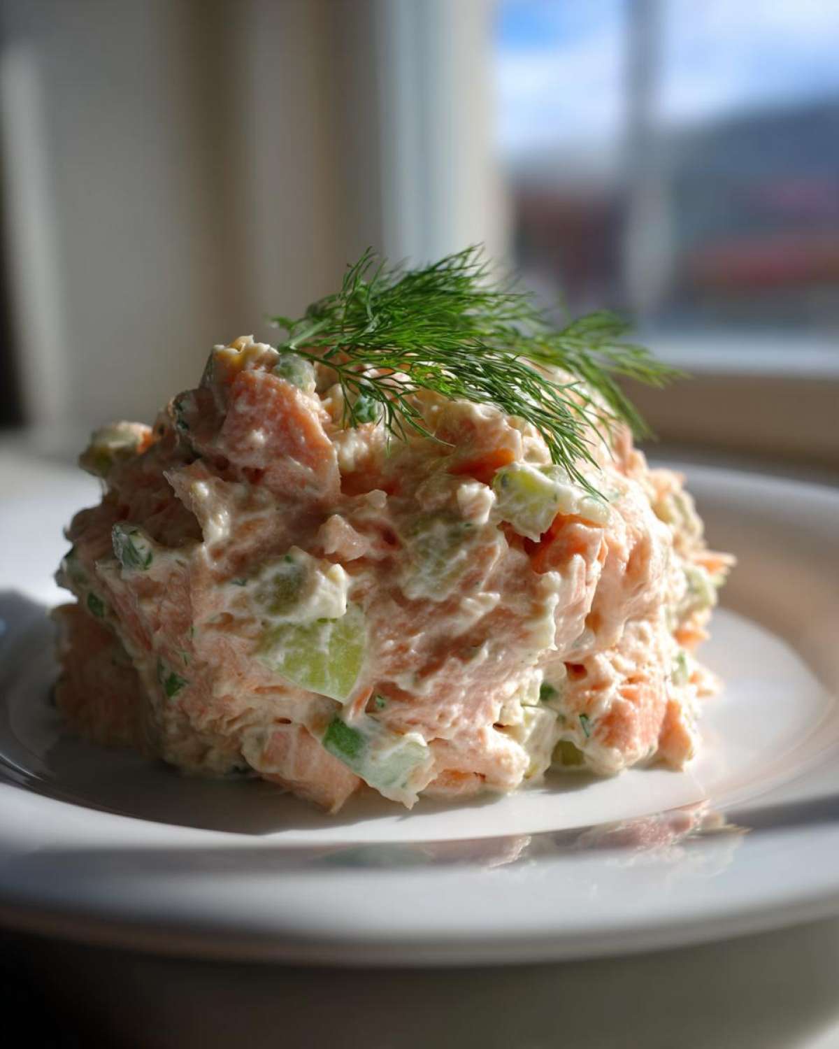 A close-up of a mound of creamy salmon salad mixed with celery, topped with fresh dill, served on a white plate.