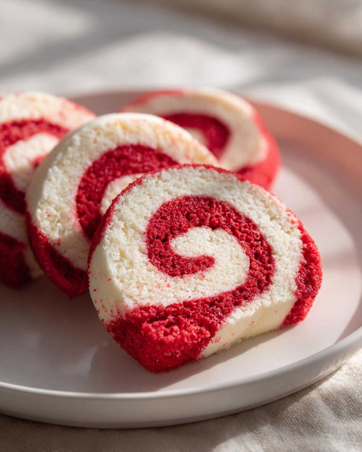 Three slices of red and white swirled pinwheel cookies arranged on a light pink plate.