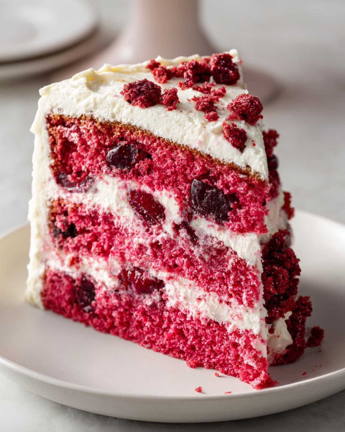 A tall, vibrant slice of red Cherry Cake layered with white frosting and whole cherries.