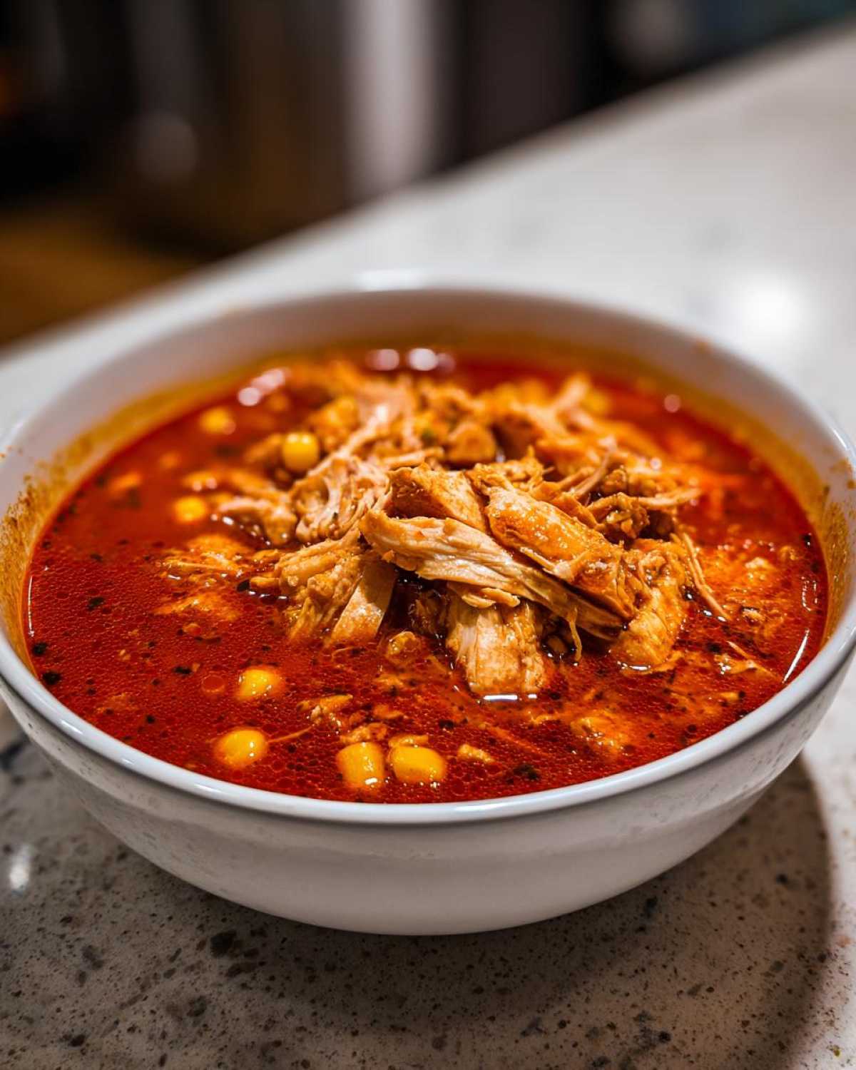 Close-up of a hearty bowl of rich red chicken pozole topped with shredded chicken and hominy.