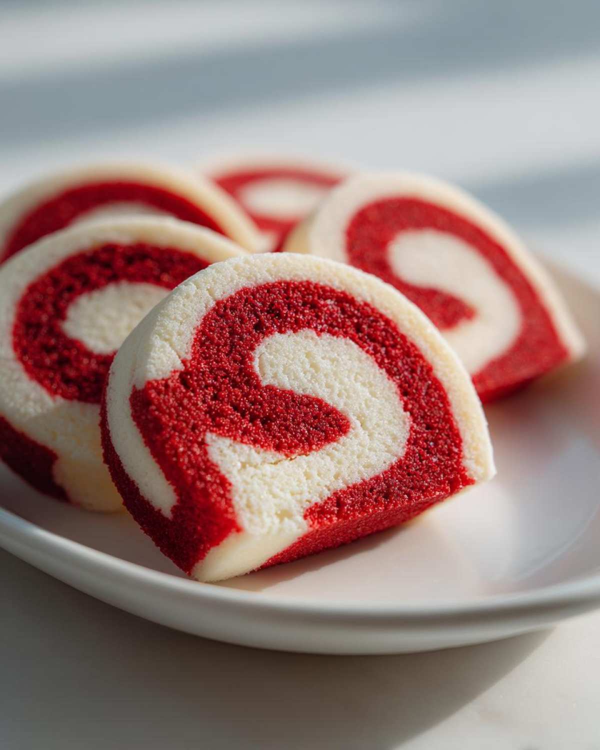 Close-up of several red velvet and white swirl pinwheel cookies slices arranged on a white plate.