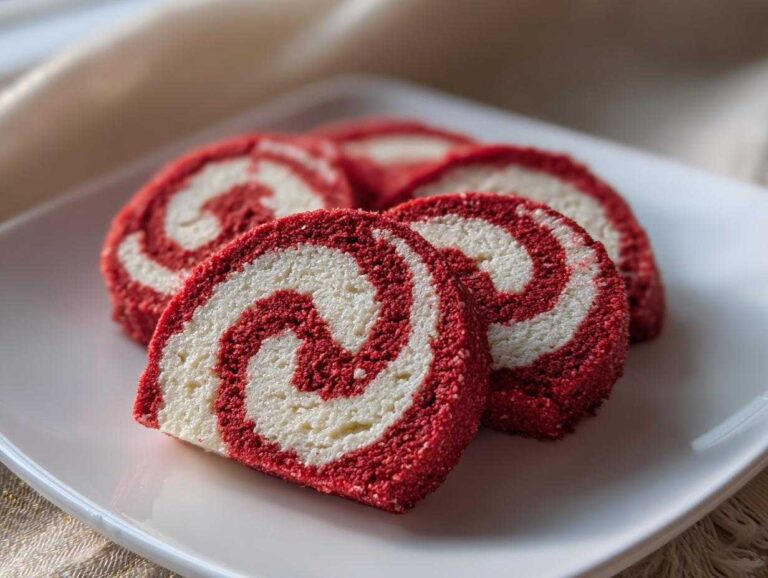 Four slices of vibrant red and white swirled pinwheel cookies arranged on a white plate.