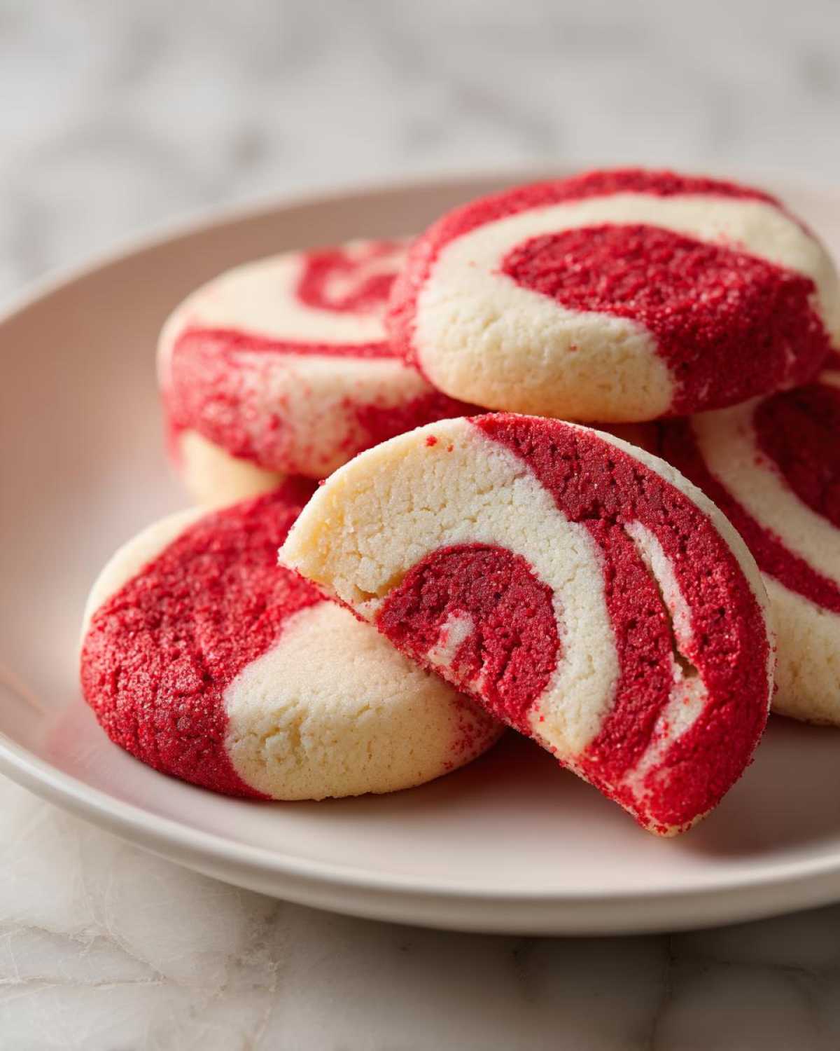 A stack of vibrant red and white swirl pinwheel cookies on a light plate, one cookie is broken in half showing the interior.