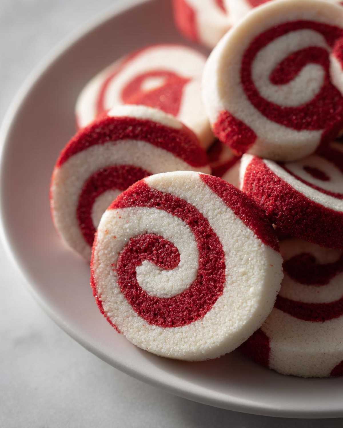 Close-up of several festive red and white swirl pinwheel cookies piled on a light plate.