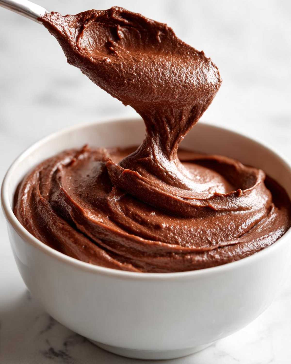 A spoonful of rich, airy chocolate mousse is being lifted from a white bowl filled with the dessert.