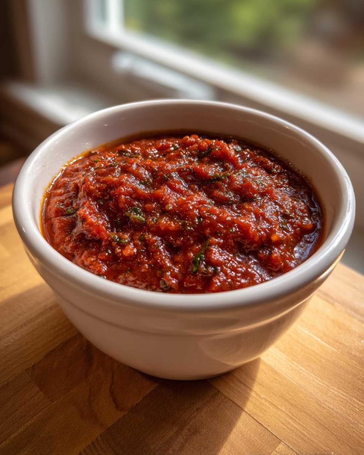 Close-up of rich, chunky homemade pizza sauce seasoned with herbs in a small white bowl.