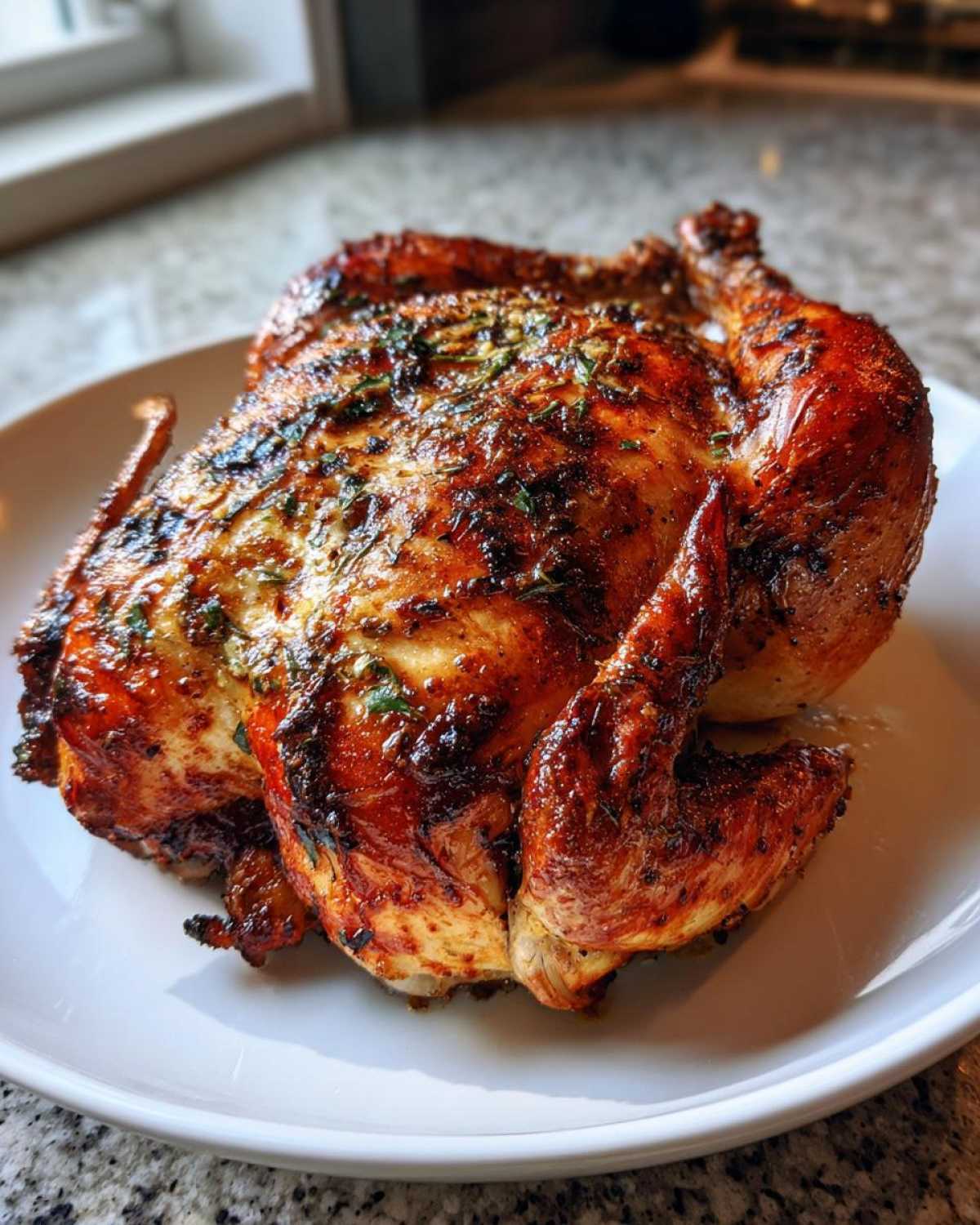 A whole, beautifully roasted spatchcock chicken with dark, crispy, herb-seasoned skin resting on a white plate.