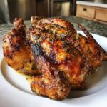 A whole roasted spatchcock chicken with deeply browned, herb-crusted, crispy skin resting on a white plate.