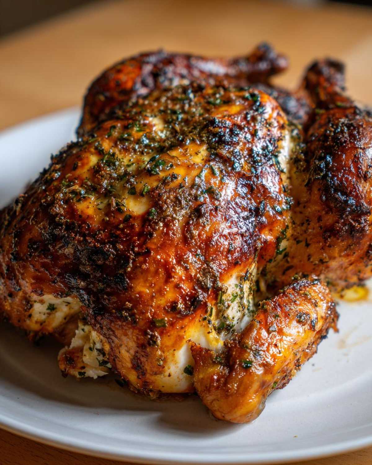 Close-up of a whole roasted spatchcock chicken with deeply browned, herb-crusted skin resting on a white plate.