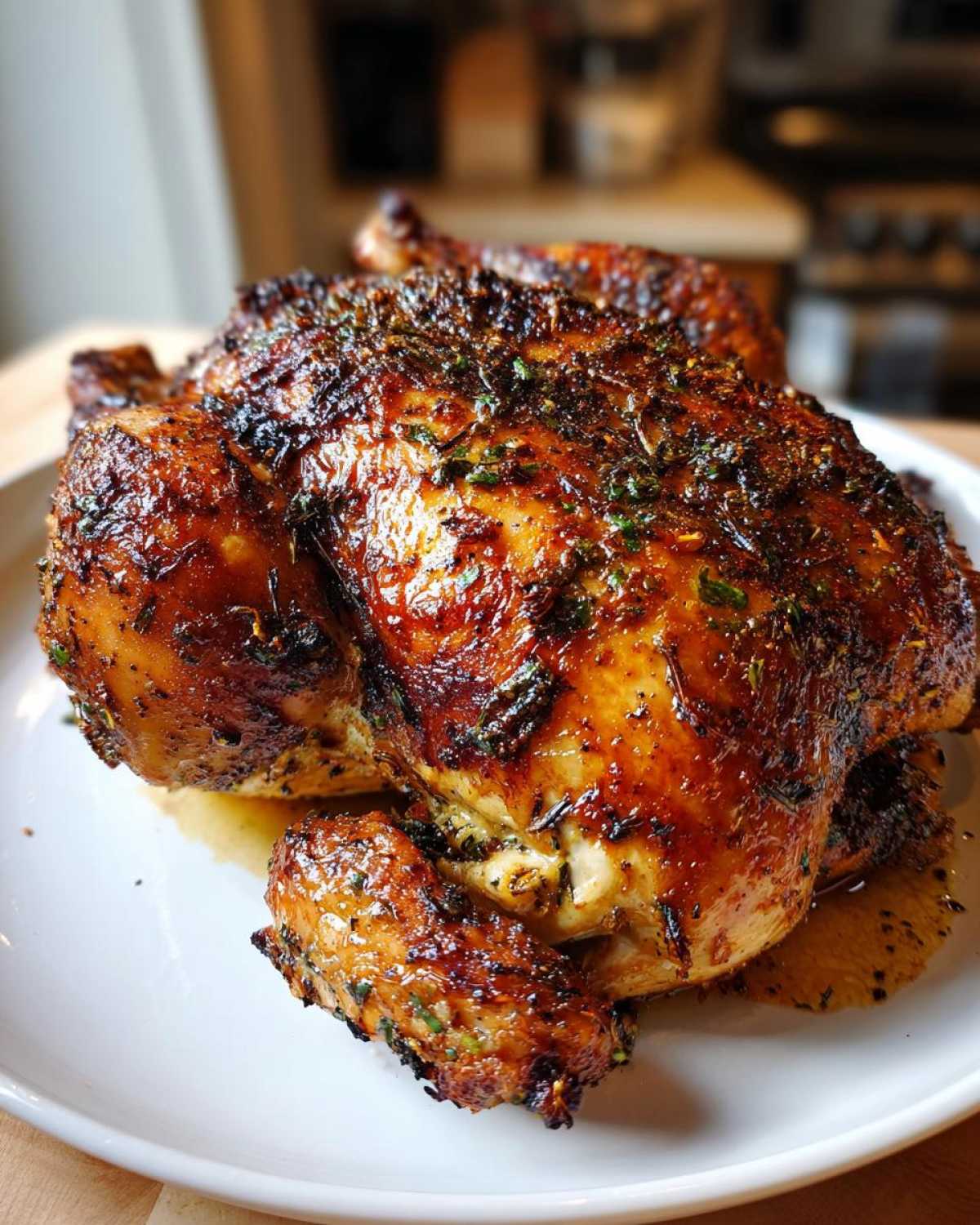 A beautifully roasted spatchcock chicken with dark, glossy, herb-crusted skin resting on a white plate.