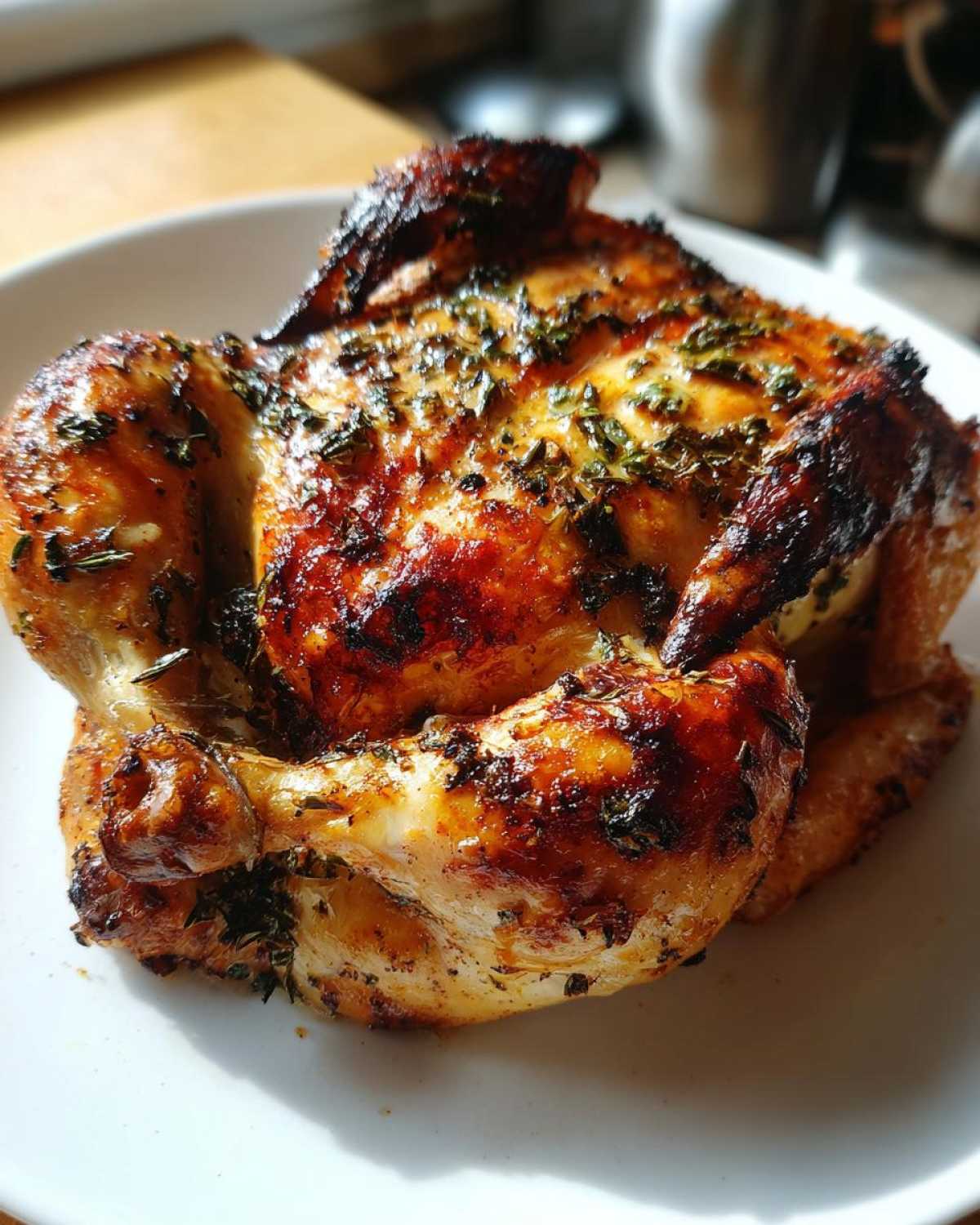 A whole, beautifully roasted spatchcock chicken with golden-brown, herb-crusted skin resting on a white plate.