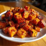 Close-up of a white plate piled high with caramelized, seasoned roasted sweet potatoes cubes.