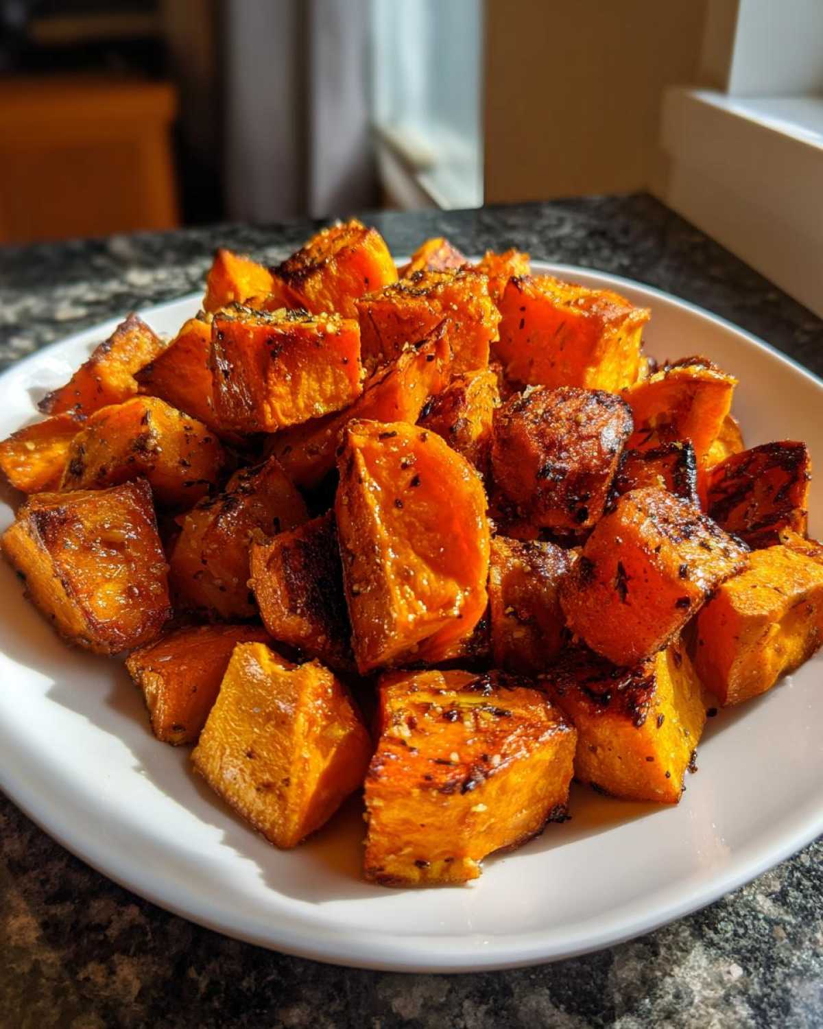 A white plate piled high with caramelized, cubed roasted sweet potatoes seasoned with spices.