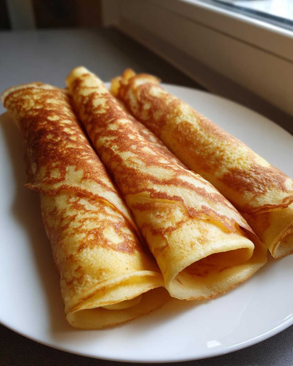 Three rolled, golden-brown crepes served on a white plate, ready to be filled for potato tacos.