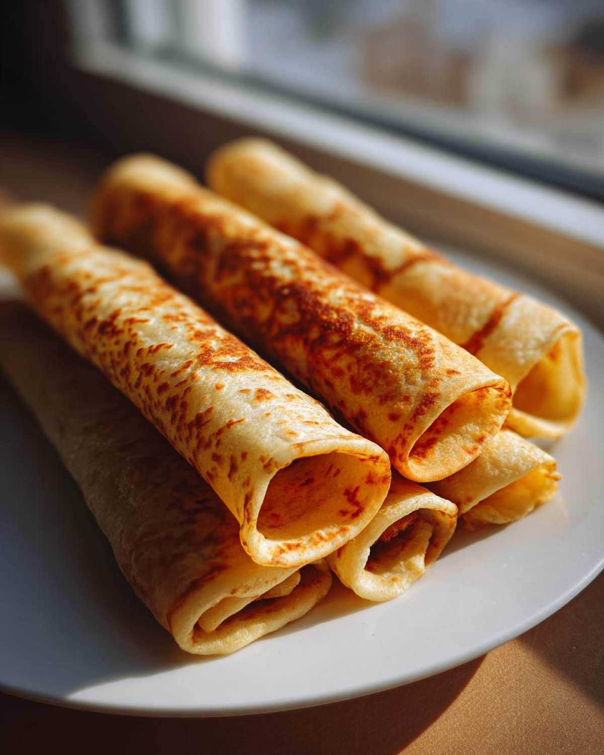Close-up of rolled, golden-brown crepes ready to be filled for potato tacos, sitting on a white plate.