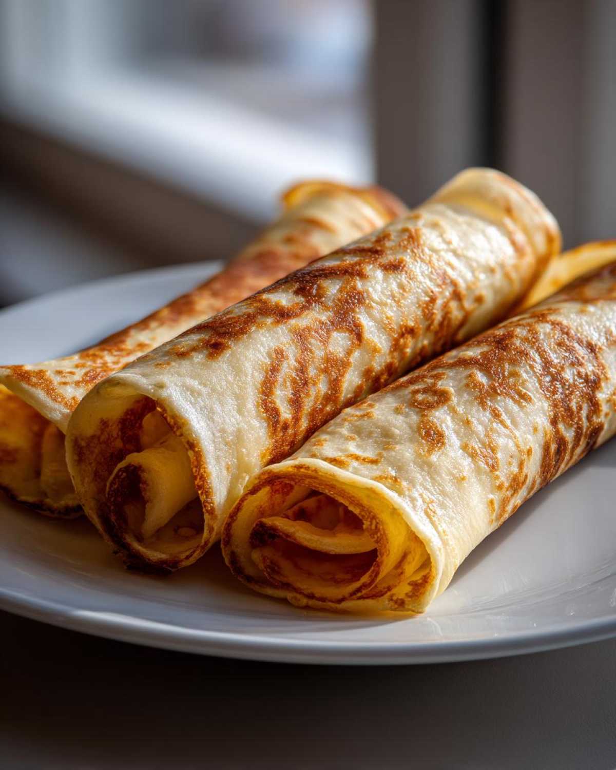 Three rolled crepes or tortillas filled with mashed potato, resembling potato tacos, on a white plate.
