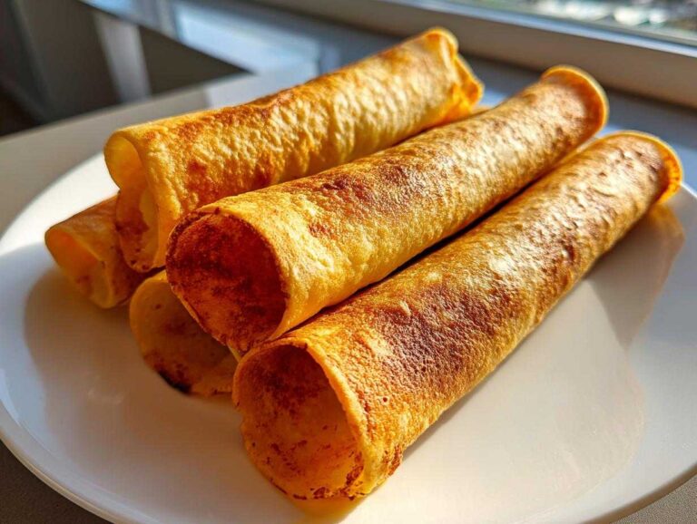 Close-up of golden, rolled tortillas, likely the base for potato tacos, stacked on a white plate.