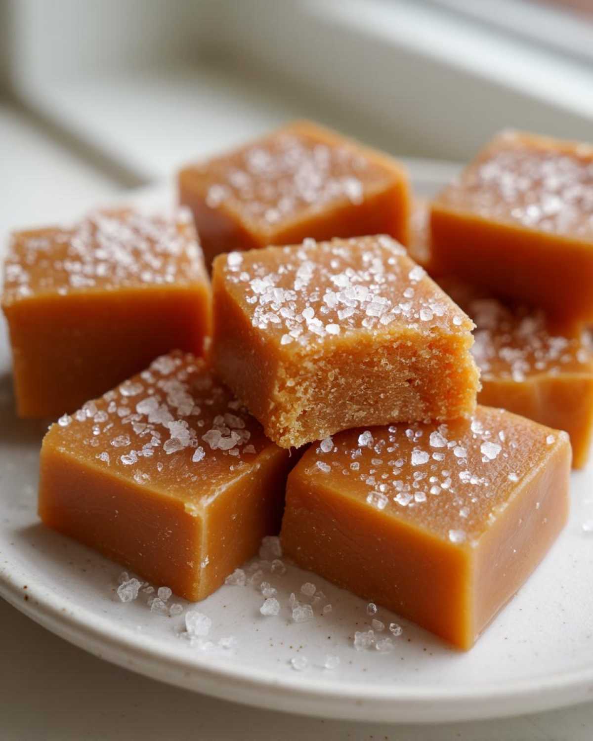 A pile of rich, square homemade caramel candies topped with flaky sea salt.