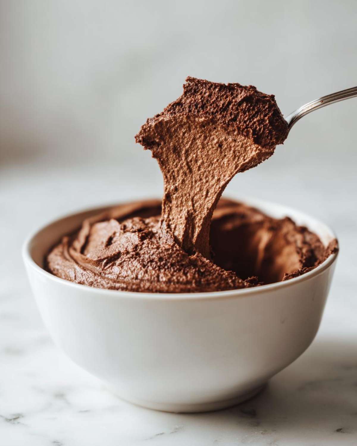 A spoonful of rich, airy chocolate mousse being lifted from a white bowl sitting on a marble surface.