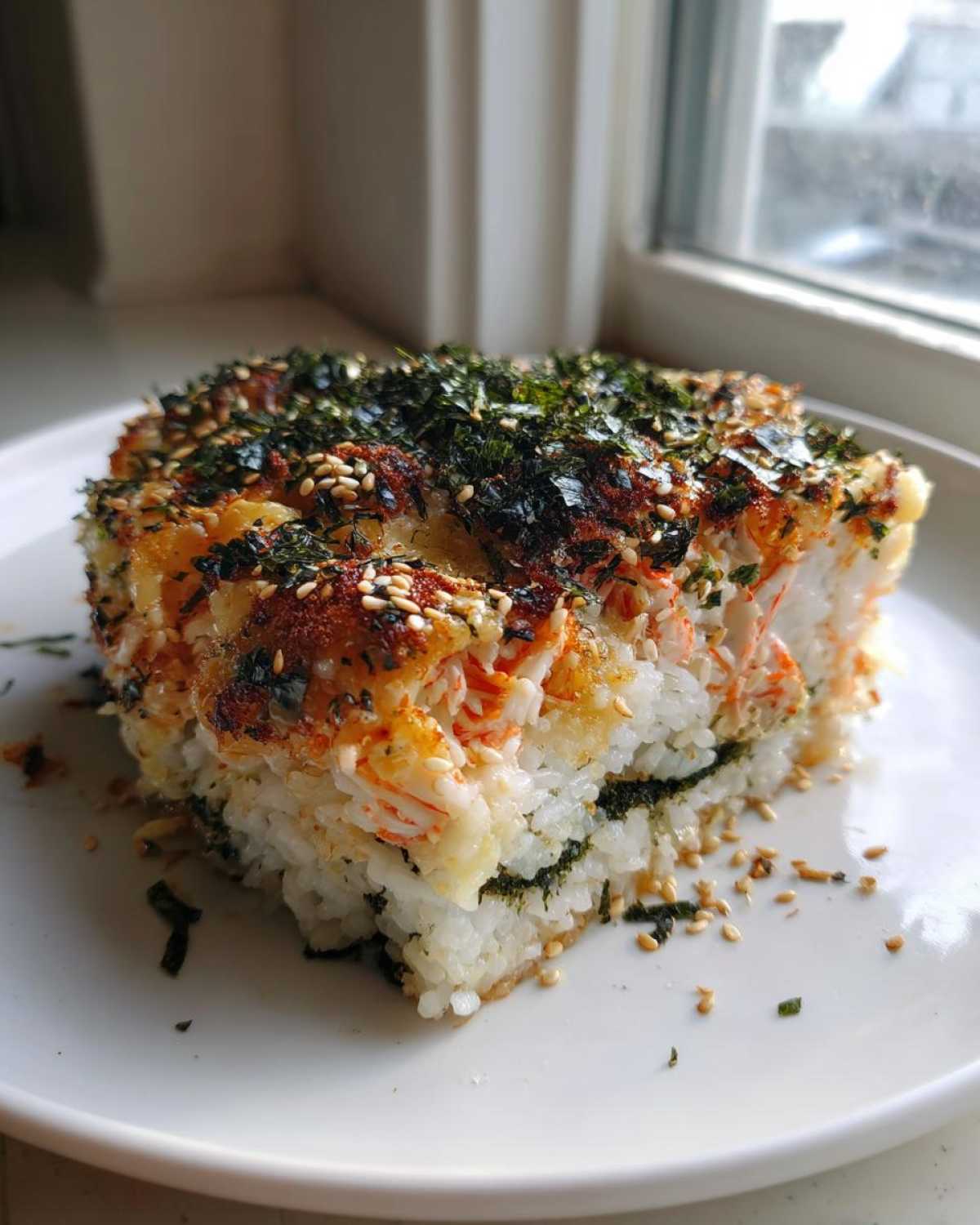 A square serving of baked sushi bake topped with toasted seaweed and sesame seeds on a white plate.